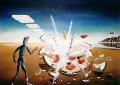 A painting of a wooden mannequin in front of a greek salad explotion