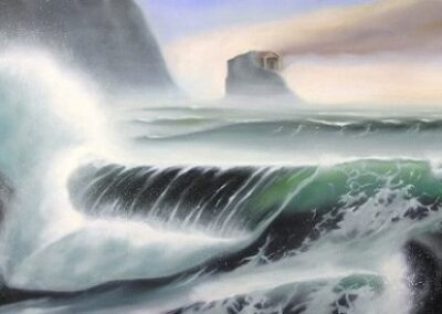 A painting of a baby looking at the big waves