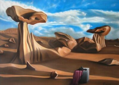 A surreal painting of a phone in a landscape inspired by the rock formations in New Mexico