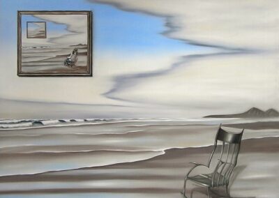 A surreal painting in a painting of a rocking chair at a beach
