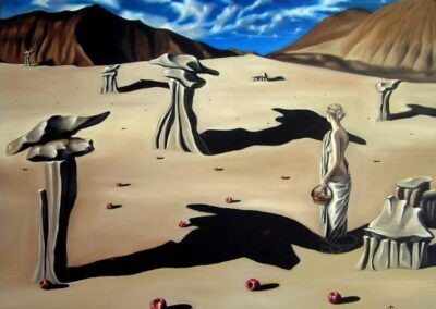 A surreal apinting of a woman collecting apples in a bare landscape inspired by the hoodos in New Mexico