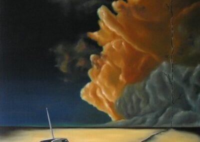 A painting of a boat and a deer on an empty landscape