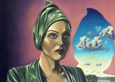 A portrait of a woman whose shadow is an image of a lake