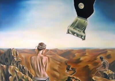 A surreal painting of a woman, a man, an eagle and a fake sky revealing the moon