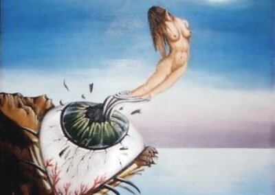 A surreal painting of the emerging of Aphrodite through the eye of kosmos