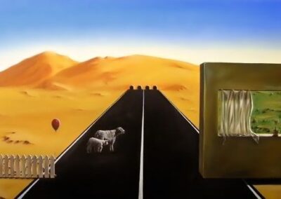 A painting of a sheep and lamb in a middle of a road leading to a hill shaped as a woman's body