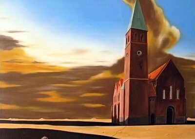 A painting of a boy hugging a ball that used to be connected to a churche