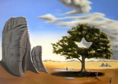 A surreal painting of a tree, rocks and a kid with paper boats