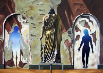 A surreal painting of a statue with two figures of a man and a woman on its sides