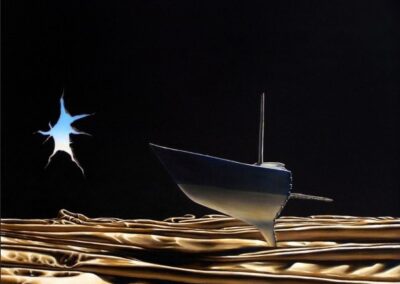 A surreal painting of a half boat-half fish spine