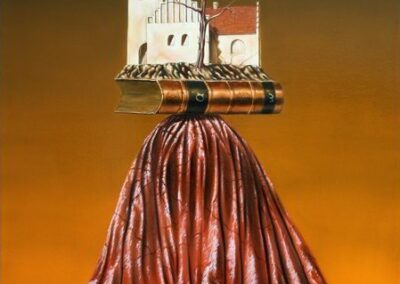 A painting of a person completelly covered with a blanket while a churche is balancing on a book on the top of its head