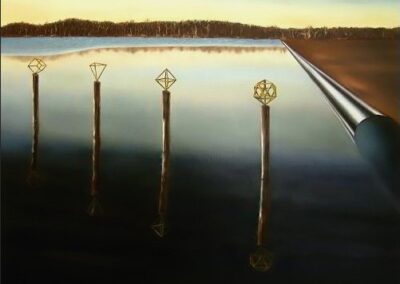 A surreal painting of the four elements balancing at a lake while the landscape unfolds like a paper