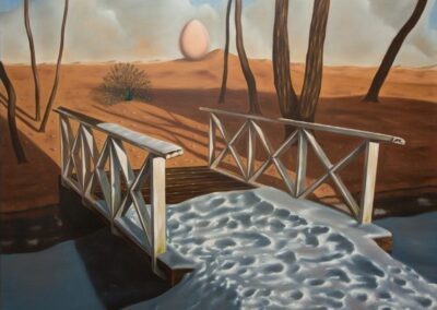 A surreal painting of a bridge half in snow and half in dessert