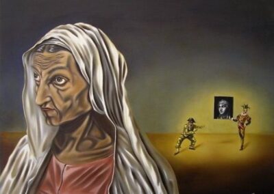 A painting of Dürers mother and two harlequins