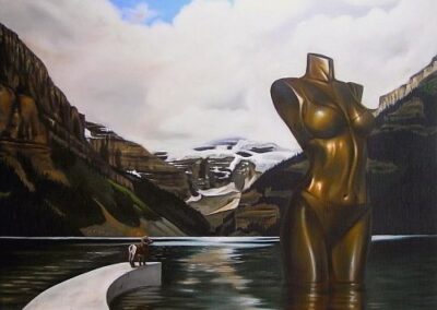 A surreal painting of a deer and a golden statue in the middle of lake Luise