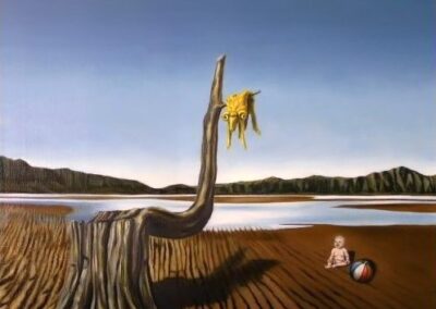 A painting of a baby staring at the golden ram