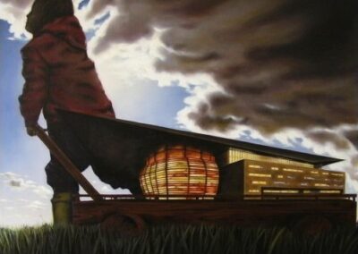 A surreal painting where a boy is pulling Copenhagen's new opera house