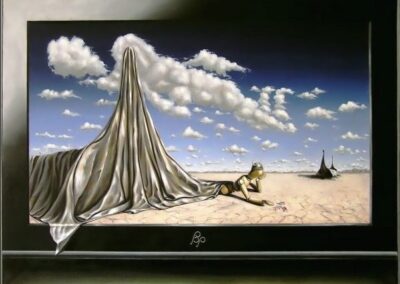 A surreal painting of a television shoiwing a viking mannequin