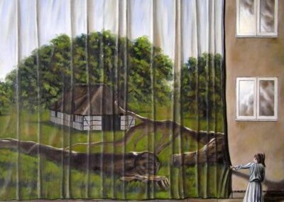 A surreal painting that a girl pulls a curtain that changes the view