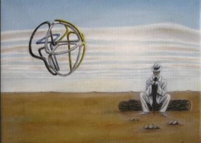 A surreal painting of a man and a pelikan transformed in a flying object