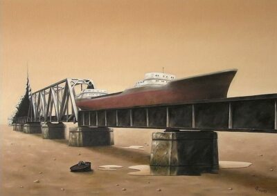 A painting of a boat on a train bridge