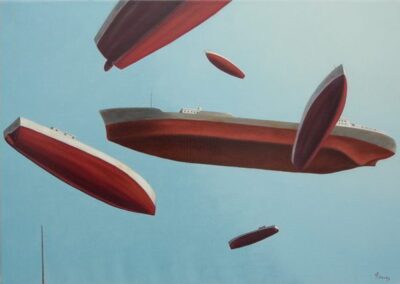 A painting of flying boats seen from bellow