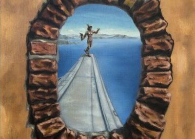 A surreal painting where the hole at the wall is a plane's window showing Hermes on the wing