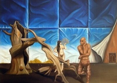 A symbolic painting of a woman, a tree and man-snake looking creature