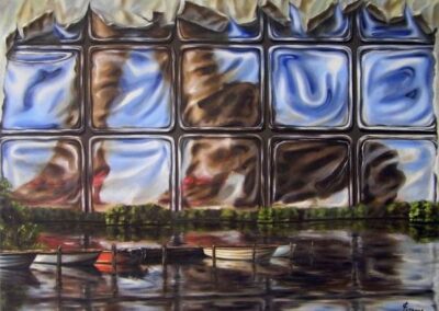 A surreal painting where the sky is actually a glass tiled wall