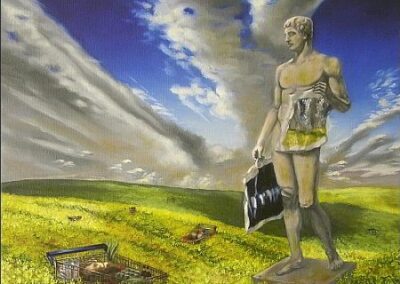 A surreal painting depicting a greek statue and a supermarket's trolley in a middle of a filed