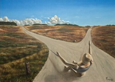 A surreal painting of a wooden mannequin ready to be catapulted over a danish landscape