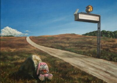 A surreal painting of a bunny toy in Dyrehaven park in Denmark