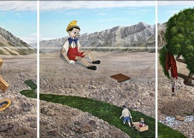 A surreal painting of Pinocchio where a lanscape inspired by New Zealand is also a room