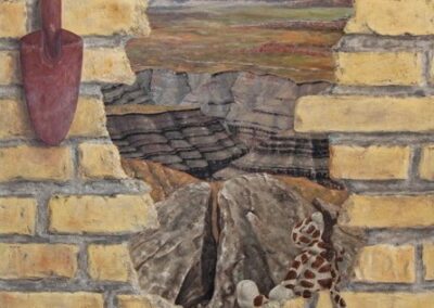 A surreal painting where a hole in the wall shows a view over Muley's Point in Utah