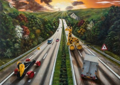 A surrealistic painting of toys crossing a motorway