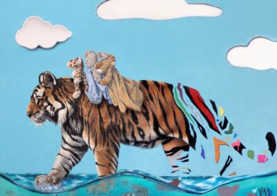 A surreal painting of a tiger walking on water