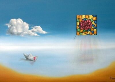 A surreal painting of a paperboat