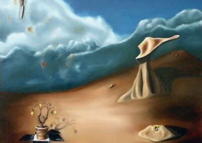 A painting of a small lemon tree, a hoodo rock formation and a knife