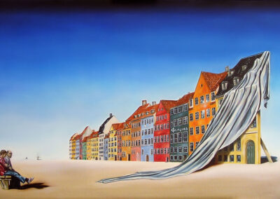 A painting of an elderly couple that spends its afternoon in front of a facade of Nyhavn houses of Copenhagen